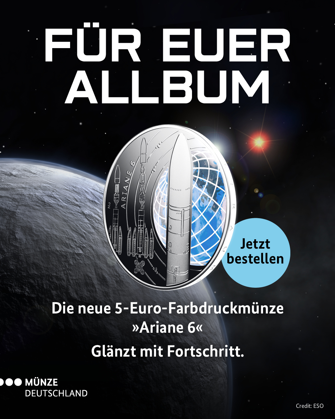 Für euer Album, die 5-Euro-Farbdruckmünze Ariane 6